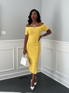 eva mendes for New York & Company Yellow Off-Shoulder Midi Dress